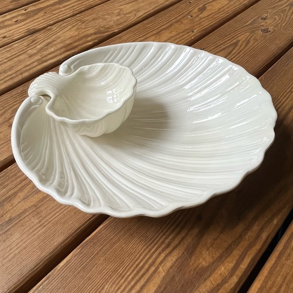 Dining Vintage Glazed Ceramic Clam Shell Chip Dip Server Dish Ivory Cream Poshmark